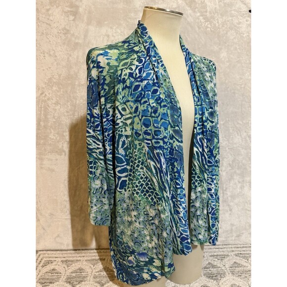 Chico's Travelers Blue Green Open Front Flowy Cardigan Stretch Women's Size 2 - Picture 2 of 9